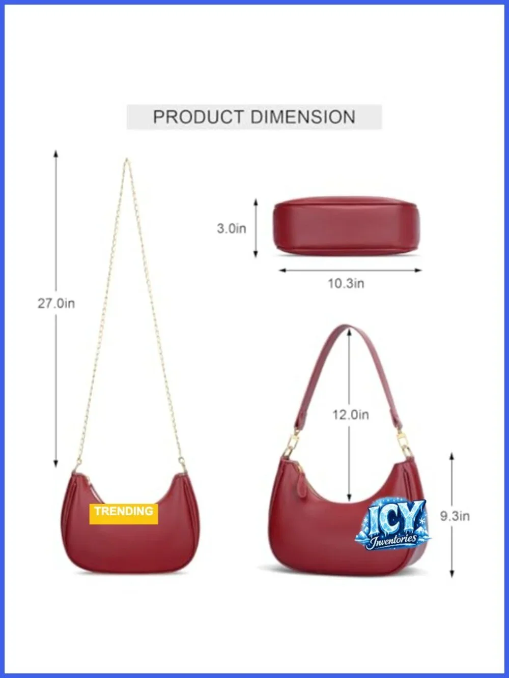 Vegan Leather Crescent Hobo Bag with Detachable Chain Crossbody Shoulder Purse
